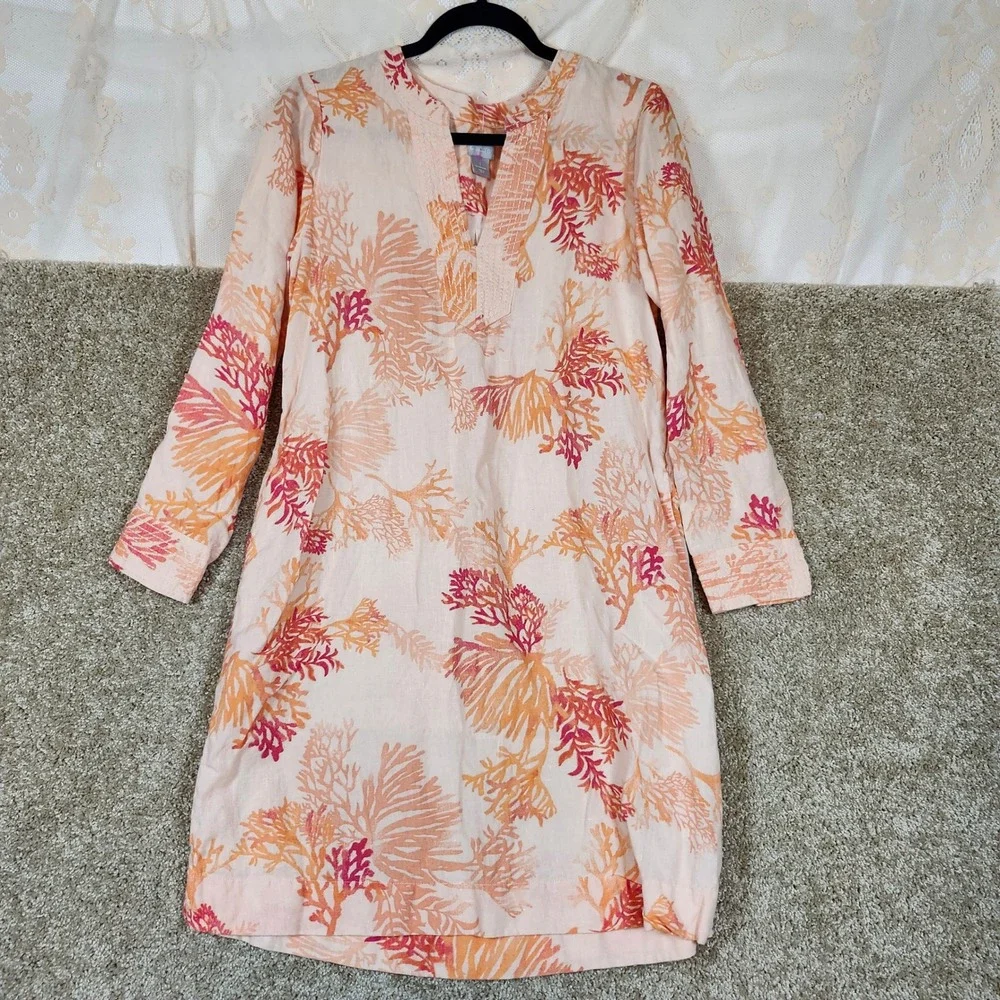 Chico's Tunic Dress Coral Sea Life Print 100% Linen Coastal‎ Resort Size 1 8/10